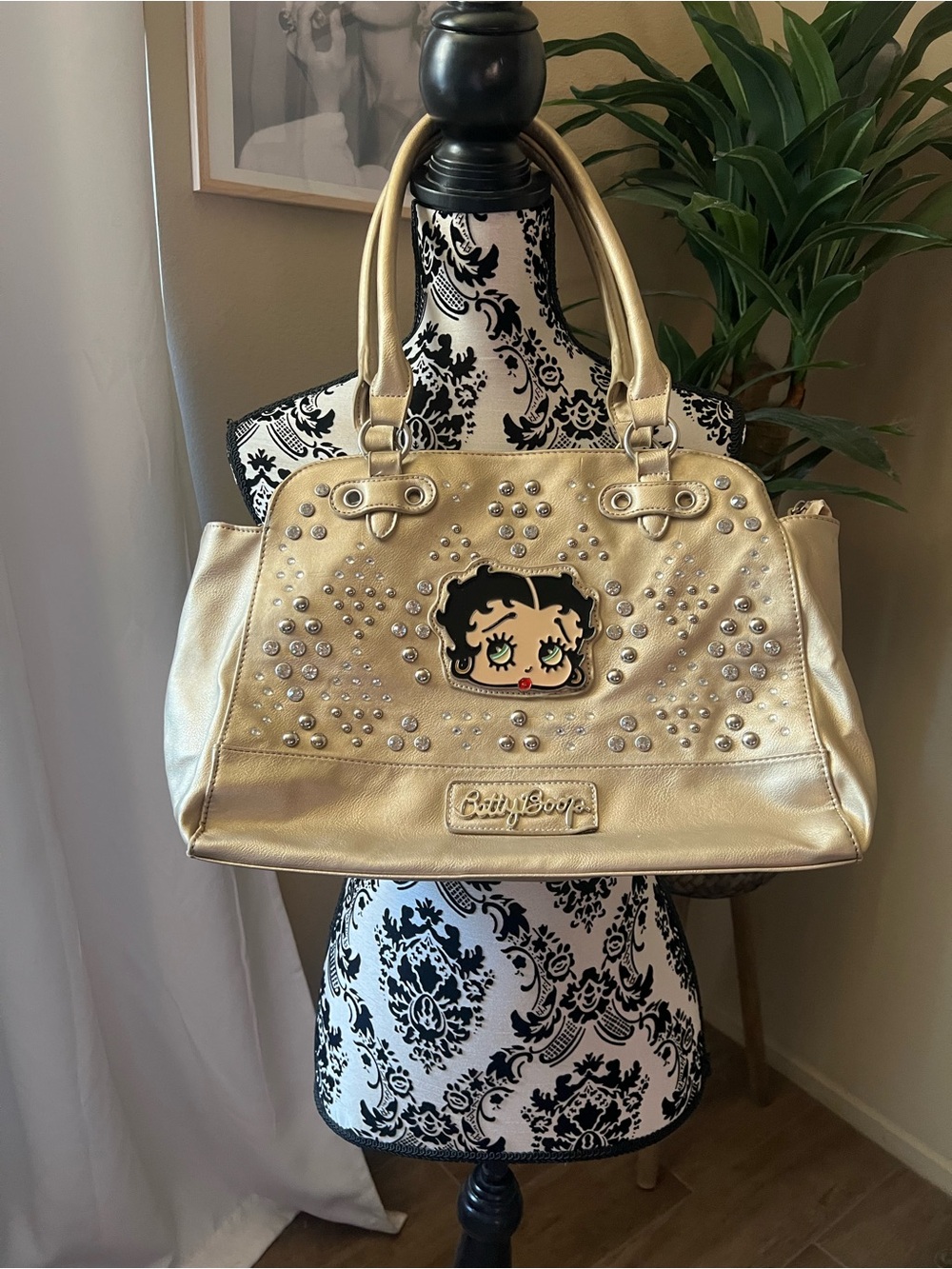 Betty Boop Metallic Gold Studded Shoulder Bag with Character Patch